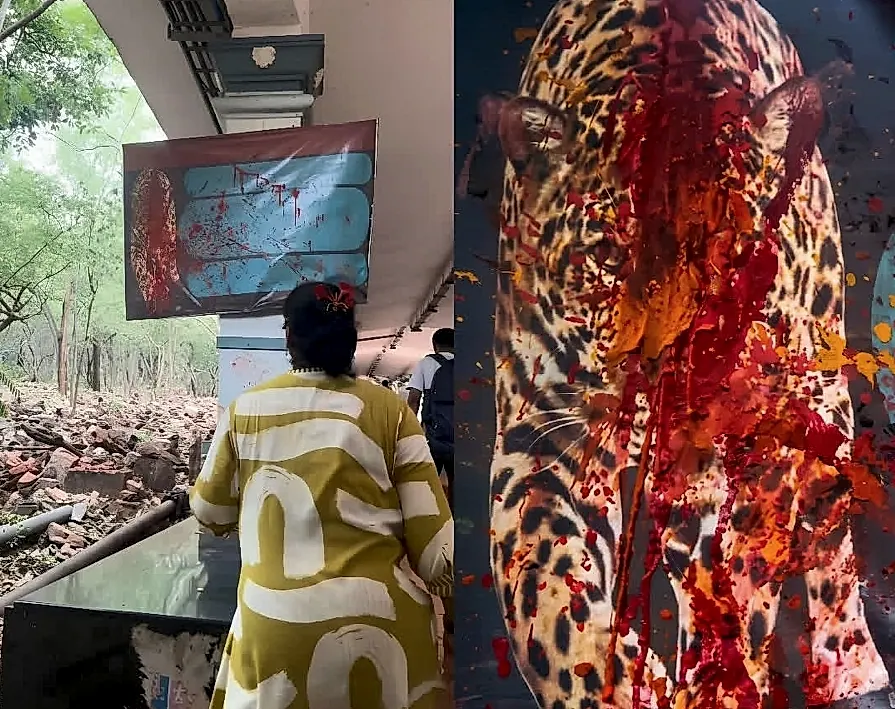 హెచ్చరిక బోర్డుకు కుంకుమ – భక్తి, జాగ్రత్తల మధ్య వినూత్న దృశ్యం