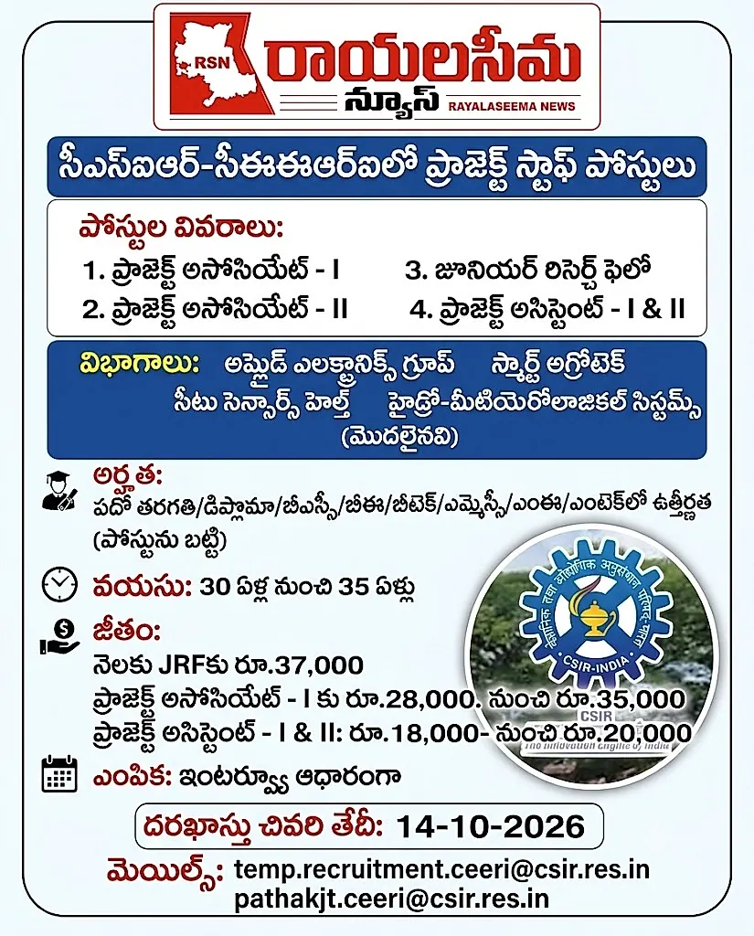సీఎస్ఐఆర్-సీఈఈఆర్ఐలో ప్రాజెక్ట్ స్టాఫ్ నియామకాలు